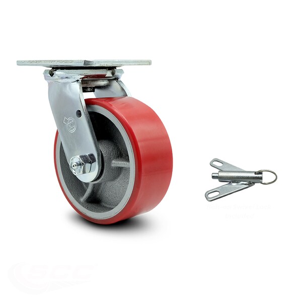 5 Inch Red Poly on Cast Iron Swivel Caster with Roller Bearing and Swivel Lock